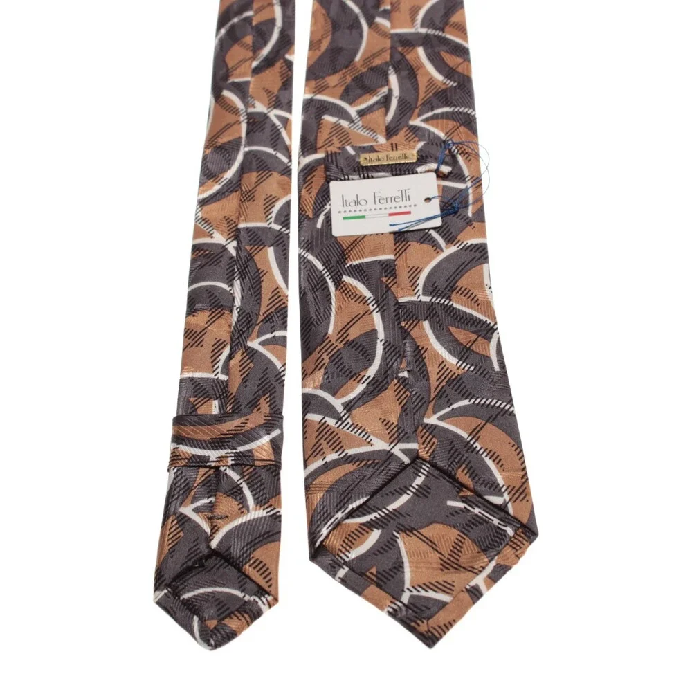 Italo Ferretti NWT Neck Tie in Brown / Gray / White Abstract Print 100% Silk